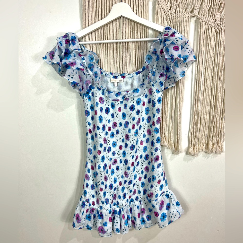 LoveShackFancy White Floral Off-Shoulder Kodie Dress Large Purple/Blue